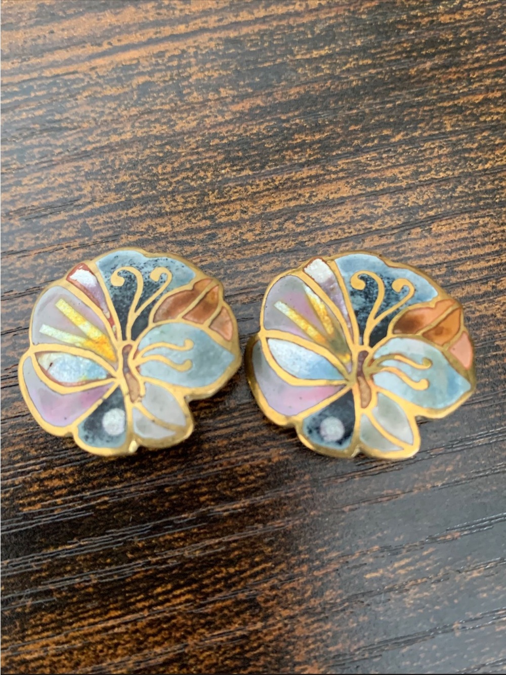 Vintage Multicolor Enamel Floral Clip On Earrings with Gold Detail
